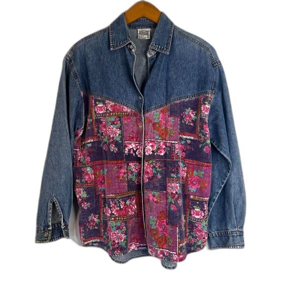 Original Jordache Vintage 100% Cotton Denim Shirt Velvet Floral Front Sz Medium - Picture 1 of 9